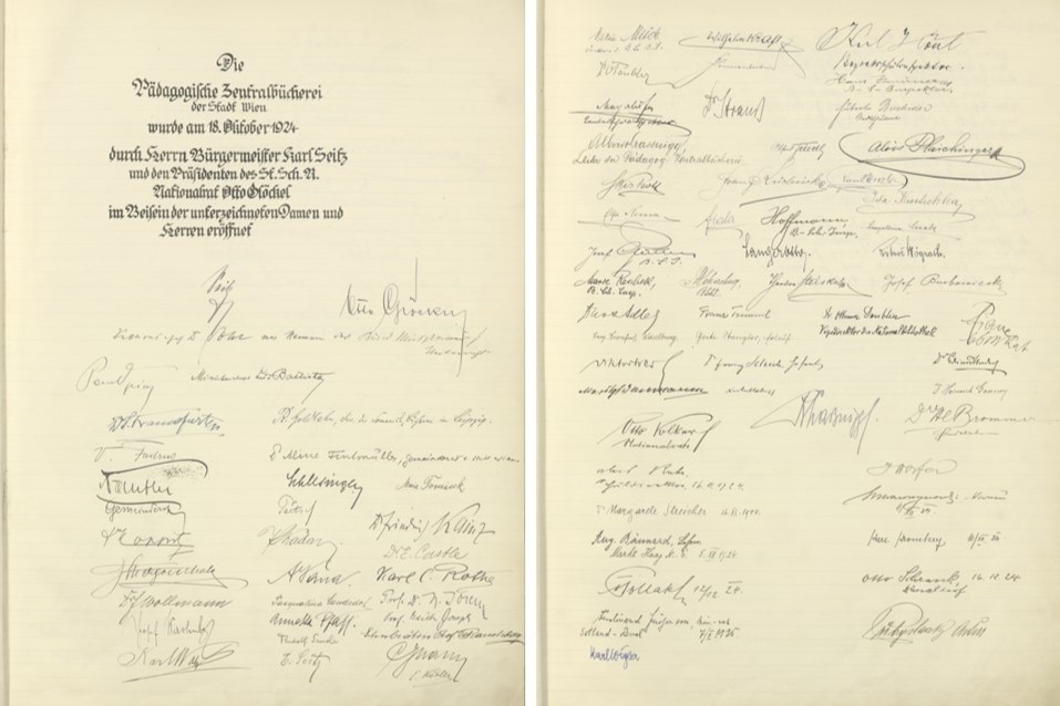 Liste der anwesenden Personen aus Politik, Wissenschaft und Lehre, die sich zu diesem feierlichen Anlass in der Chronik verewigten; H.I.N.-246073