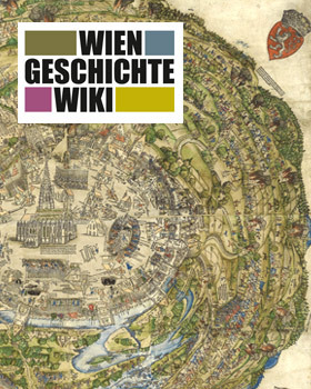 Logo von Wien Geschichte Wiki über einer historischen Stadtkarte von Wien mit mittelalterlicher Darstellung und Stadtwappen in der Ecke.