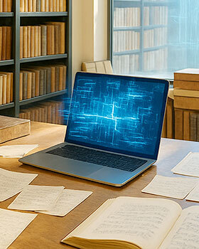 Grafisches Plakat mit abstrakter Kreisform in Hellgrün und Blau, geteilt in zwei Hälften; links steht vertikal „Digitaler“ in Pixel-Schrift, rechts „Humanismus“ in Serifenschrift – visuelle Darstellung des Konzepts Digitaler Humanismus.