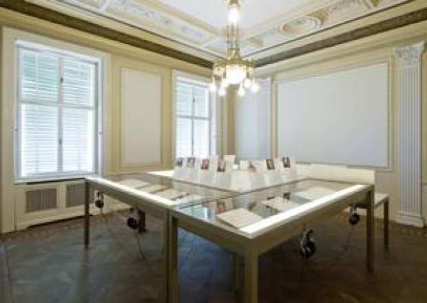 Farbphotographie: Blick in einen prunkvollen Raum mit Vitrinen