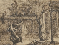 Federzeichnung zum 4. Akt der "Medea", darstellend Medea und Gora vor dem brennenden Palast, von Fra