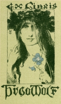 Ex libris von Hugo Wolf. Ex libris unter Verwendung einer Graphik einer Frau mit Blumenkranz und einer Blume in der Hand