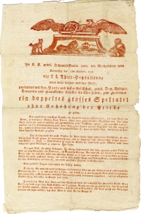 Hetzzettel der letzten Vorstellung Wiener Hetzamphitheaters vom 1. September 1796 Einblattdruck: oben Zeichnung mit ruhenden Löwen und Adlern, unten Text