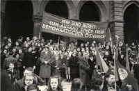 Internationaler Frauentag 1947. Wien: Franz Blaha 1947. Wienbibliothek, Tagblattarchiv, TF-999274 Schwarz-Weiß-Photographie: Menschenmenge mit Transparent vorm Wiener Rathaus