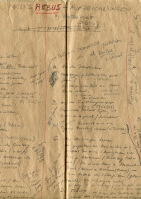 Rosei’s Rebus-Aufzeichnungen. Wienbibliothek, Handschriftensammlung, Vorlass Peter Rosei, ZPH 1498 Manuskriptseite, mit schwarzem Stift und rotem Buntstift