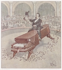 Karikatur von Alfred Grünfeld, wie er auf einem Klavierflügel reitet