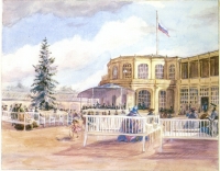 Aquarell Vauxhall in Pawlowsk, 1859, Wien Museum Aquarell:Vauxhalls in Pawloswk unter Tage, gehieste russische Flagge und Menschenmengen