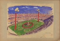 "Schlußbild", Formation anläßlich "60 Jahre ÖGB" 1953, Victor Th. Slama, WBR, PS, P-235614. In Brennpunkten gehen große Fahnen durch Fesselballons hoch