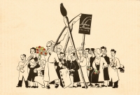 "Slama Studios", Ausschnitt aus einer Neujahrskarte, 1936/37, WBR, HS, ZPH-1123, 4.12. schwarz-weiß Karikatur