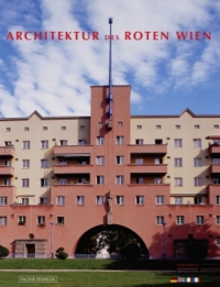 Buchcover: Farbphoto: Wiener Gemeindebau mit roter und beiger Fassade, Balkonen, großem Torbogen