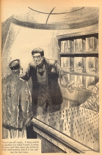 Illustration aus: David H. Keller: The cerebral library. In: Amazing Stories May 1931 Zeichnung: zwei Männer vor einem Regal, in dem Gehirne stehen