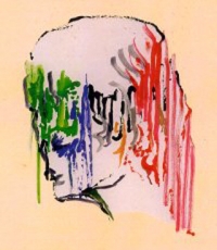 Farbzeichnung: Kopf, über den farbige Striche ragen