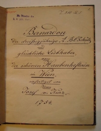 Titelblatt einer Notenhandschrift: geschwungene Schrift, unterstrichen, mit Stempel links oben