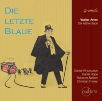 Walter Arlen: Die letzte Blaue. Gramola, exil.arte Reihe. Cover: Farbzeichnung Mann mit Umhang und Lorgnon, dahinter Schienen und Straßenbahn