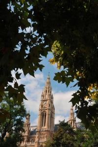 Farbphotographie: Blick vom Rathauspark zum Rathaus