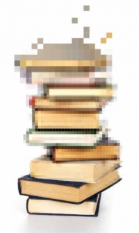 Stapel von Büchern, der sich nach oben zunehmend in Pixel auflöst