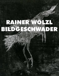 Rainer Wölzl gestaltete mehrere hundert Monotypien - Bildgeschwader. Schwarz-weiß-Monotypie mit Rabe und Schriftzug