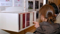 zwei Menschen zeigen auf Bücher in einer Vitrine