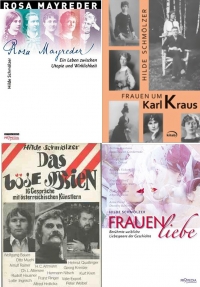 Vier Bücher von Hilde Schmölzer werden vorgestellt. Collage aus vier Buchcovern von Hilde Schmölzer