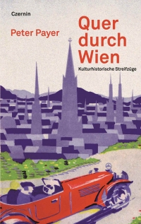 Gemaltes Buchcover, das einen roten Oldtimer vor der Skyline Wiens zeigt