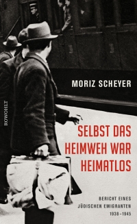 Buchcover "Selbst das Heimweh war heimatlos. Bericht eines jüdischen Emigranten, 1938-1945" schwarz-weiß Fotografie eines Mannes mit Kofer, an dem ein Zug vorbeifährt