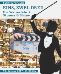 Die Walzerfabrik Strauss & Söhne. Kollage aus Filmklappe, Strauss-Scherenschnitt, Filmstills
