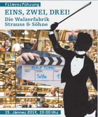 Kollage aus Filmklappe, Strauss-Scherenschnitt, Filmstills