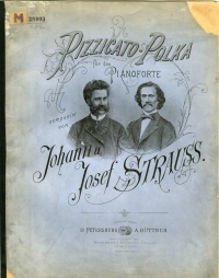 Titelblatt eines Musikdrucks: Schrift rund um zwei Portraits der Komponisten, grau-blauer Untergrund