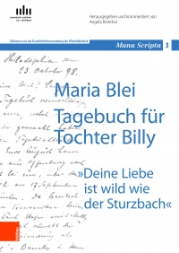 eine von Hand geschriebene Seite, darüber in blauer Farbe der Buchtitel