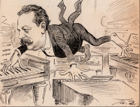 Alfred-Grünfeld-Karikatur von Theo Zasche Karikatur von Alfred Grünfeld. Er spielt mit Händen und Füßen vier Klaviere gleichzeitig