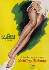 "Palmers-Strümpfe", Gerhard Brause, Wien, o.D., 1953, WBR, PS, P-27231. farbiges, gezeichnetes Plakat, das zwei Frauenbeine in Strümpfen zeigt