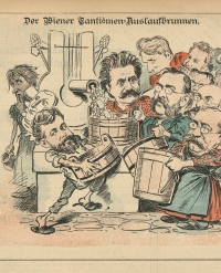 "Der Wiener Tantiemen-Auslaufbrunnen", Karikatur von Theo Zasche, in: Der Floh, 27.10.1895. Karikatur mehrerere Komponisten an einem Brunnen