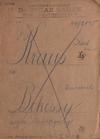 Akte von Dr. Oskar Samek: Mit "Karl Kraus Bekessy wegen Berichtigung" beschrieben & durchgestrichen